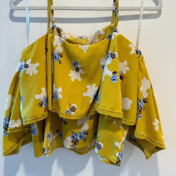 J.O.A Yellow Floral Cold Shoulder Tie Neck Top - Picture 2 of 7